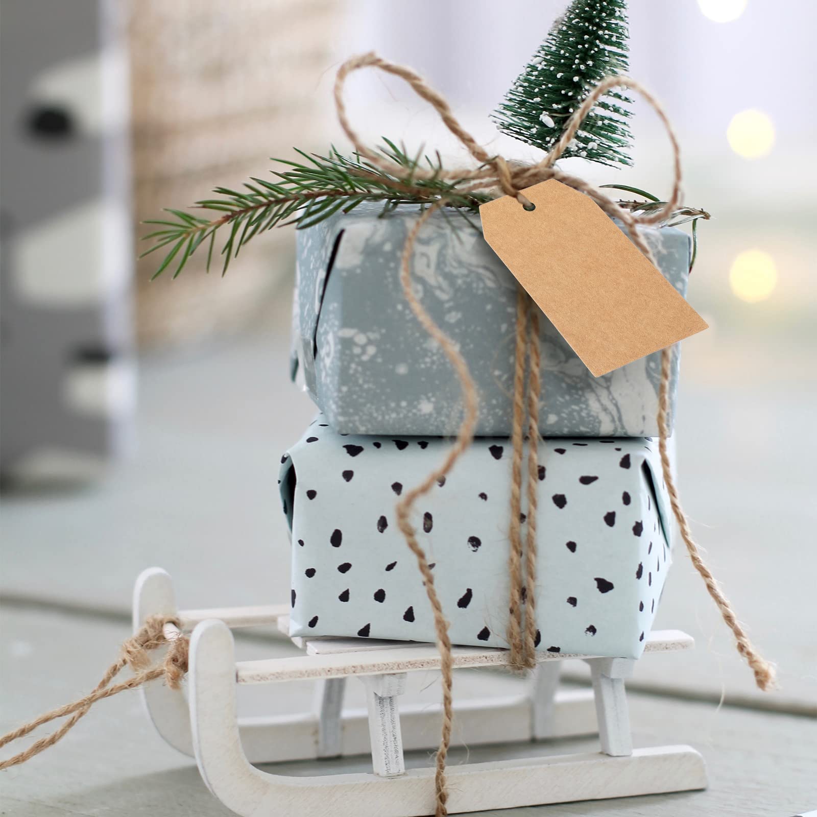 200 pezzi Etichette in Carta Kraft Tag Regalo Cartoncino 7x4CM e 30M Spago di Iuta, per Natale Compleanno Bomboniere Artigianato (Marrone)