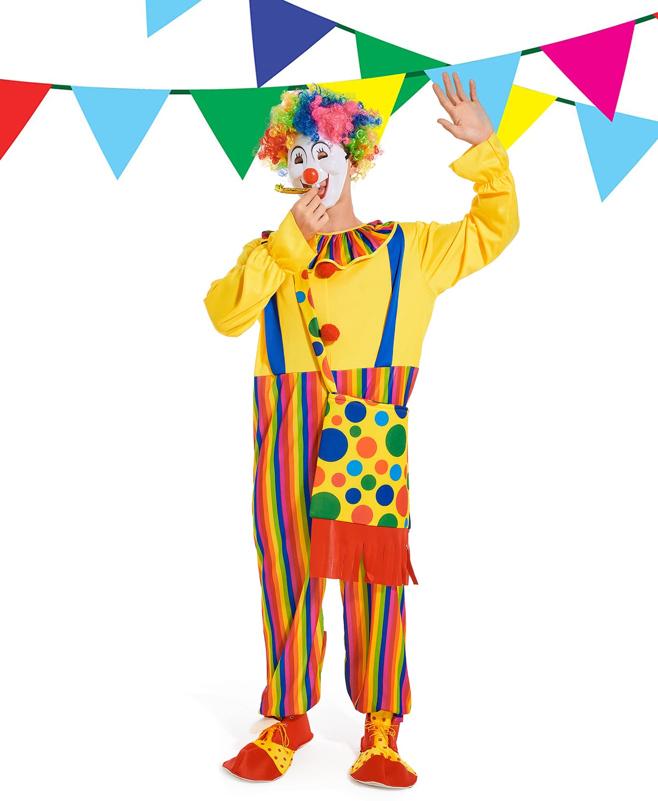 VKI® Ensemble de Costume de Clown Deguisement Adulte, Vêtements de Clown, Perruque, Masque, Nez, Sac, Chaussures de Clown, Accessoires de Costume D'Halloween, Cirque, Cosplay de Carnaval
