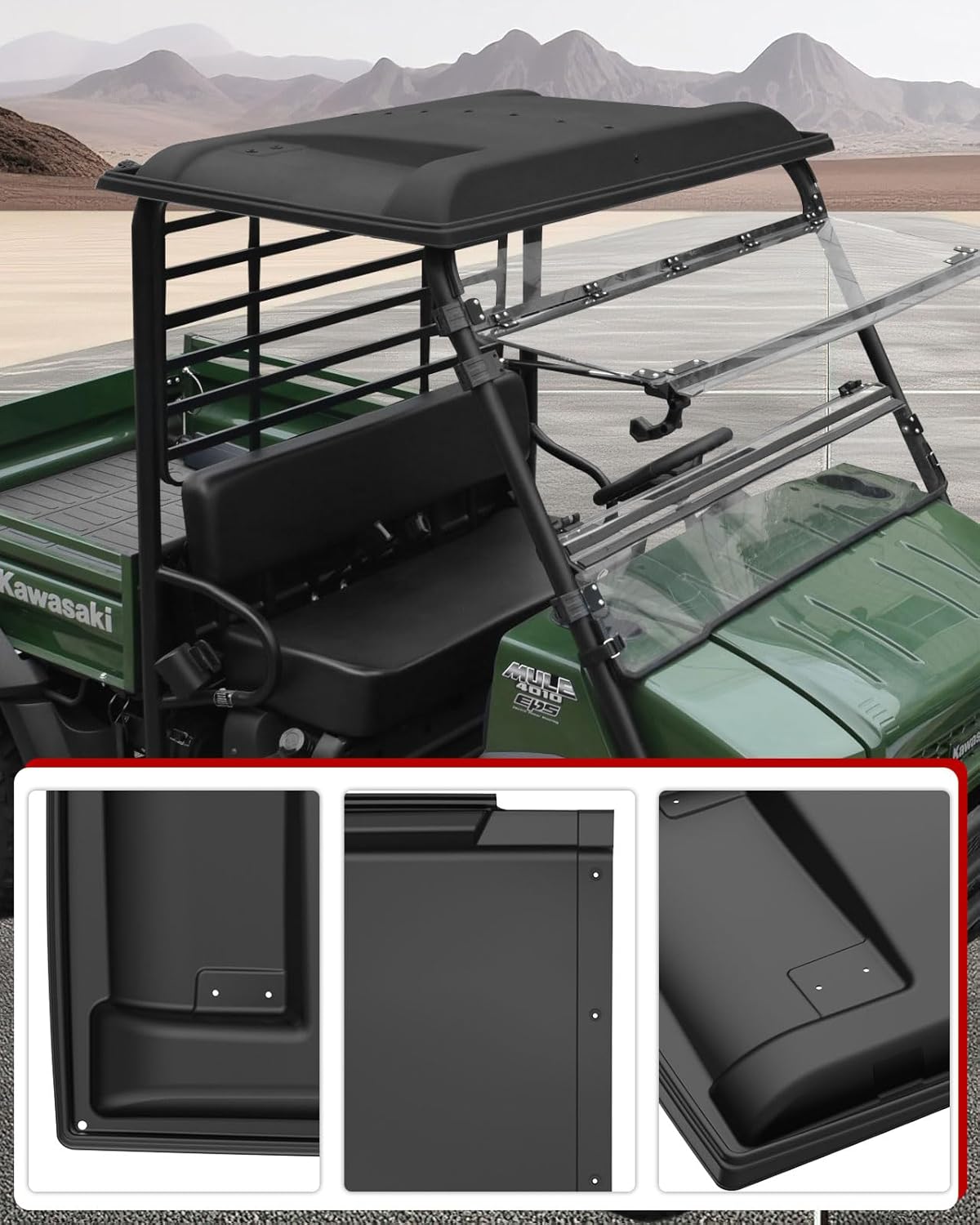 Hard Roof Top for 1990-2025 Kawasaki Mule 4000 4010 3000 3010 3020 2520 2510 2500 Accessories, 2-Piece Black Combination Sport Roof Sun Visor, Replace #KAF30-030A