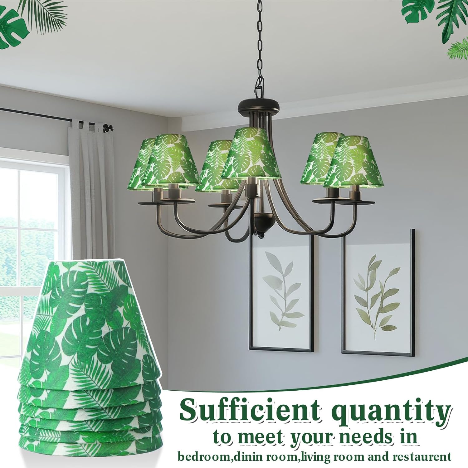 VIHOSE 6 Pcs Chandelier Lamp Shades Small Lamp Shade 3" Top x 6'' Bottom x 5'' Slant Tropical Leaf Hawaii Toile Green Clip on Lampshade for Wall Sconces Pendant Lighting