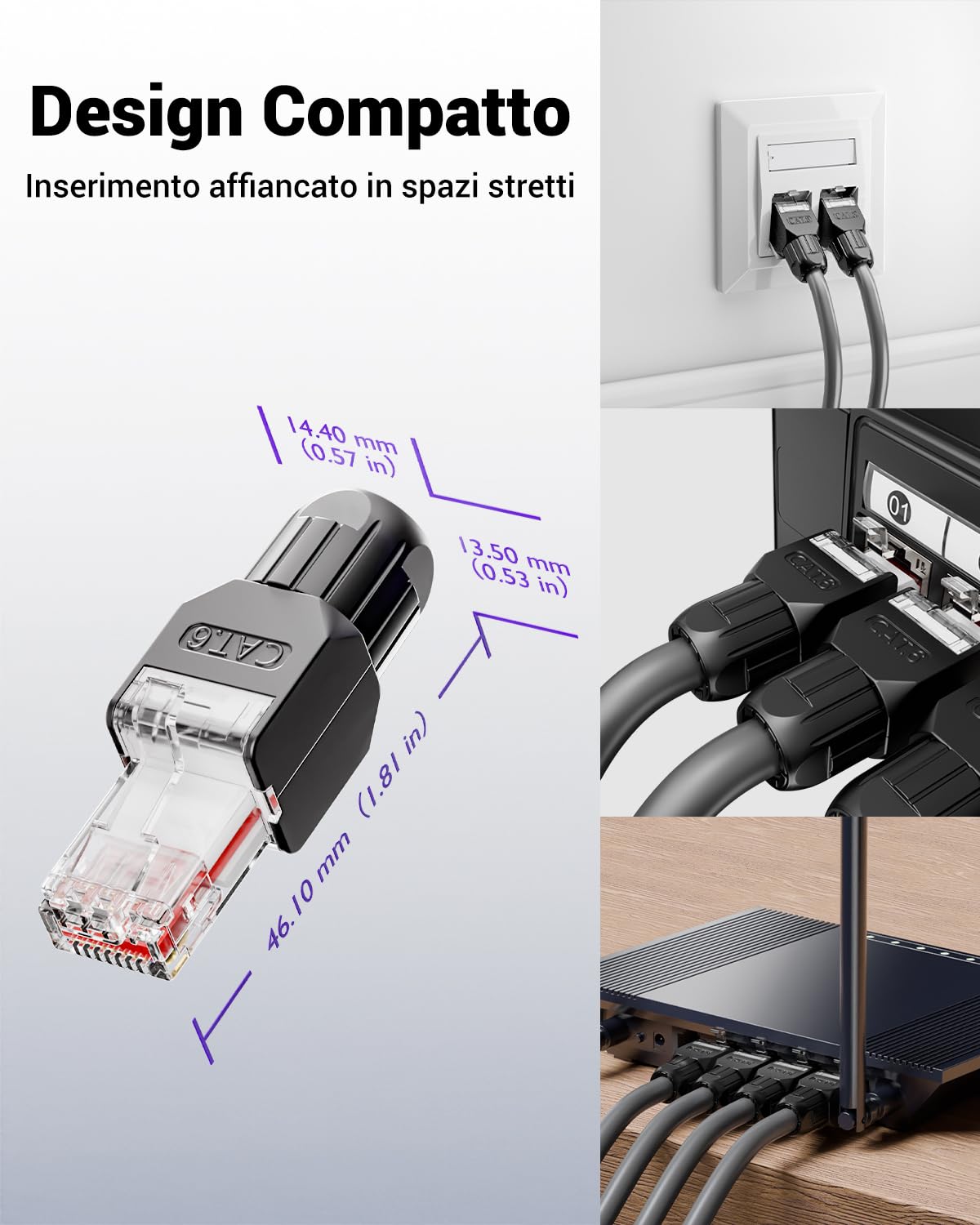 VCELINK Cat6 Connettore RJ45 Senza Attrezzi LSA, 1000 Mbps/250 MHz, Compatto Riutilizzabile, Plug RJ45 UTP Placcato in Oro per Cavo di Rete AWG 23-26, Compatibile con PoE, Nero, 2 Pezzi