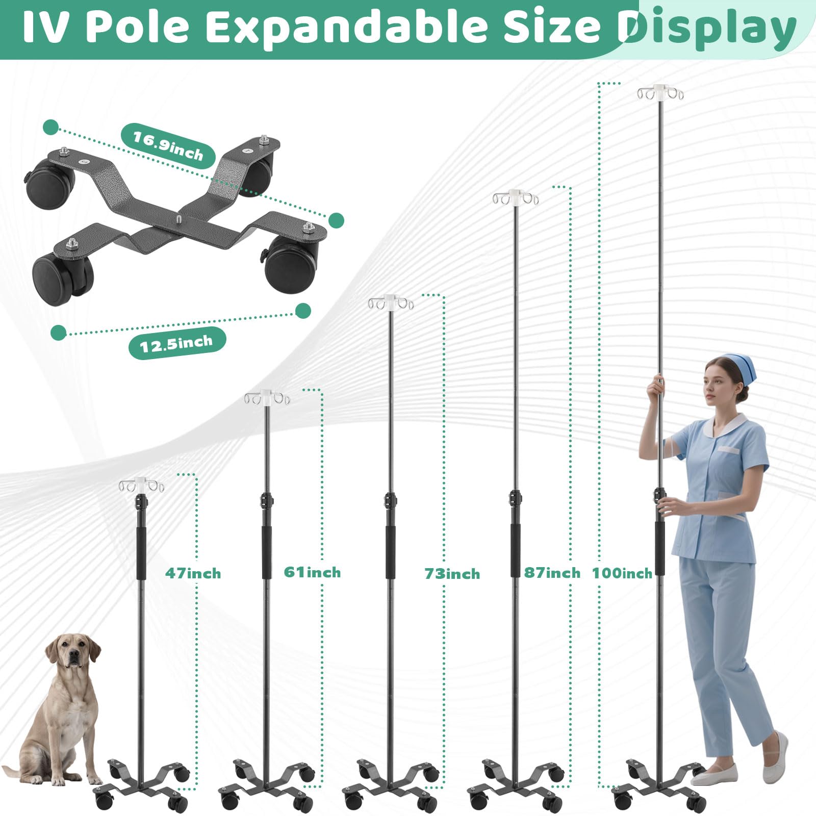 Soporte telescópico para piso con ruedas, 47 a 100 pulgadas, soporte para bolsa IV con 4 ganchos, soporte portátil para bomba de alimentación, tubo esmerilado, poste de extensión IV
