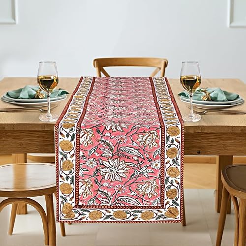 Ridhi Hand Block Print Table Runner Candy Pink 16x106 Inch 100% Cotton