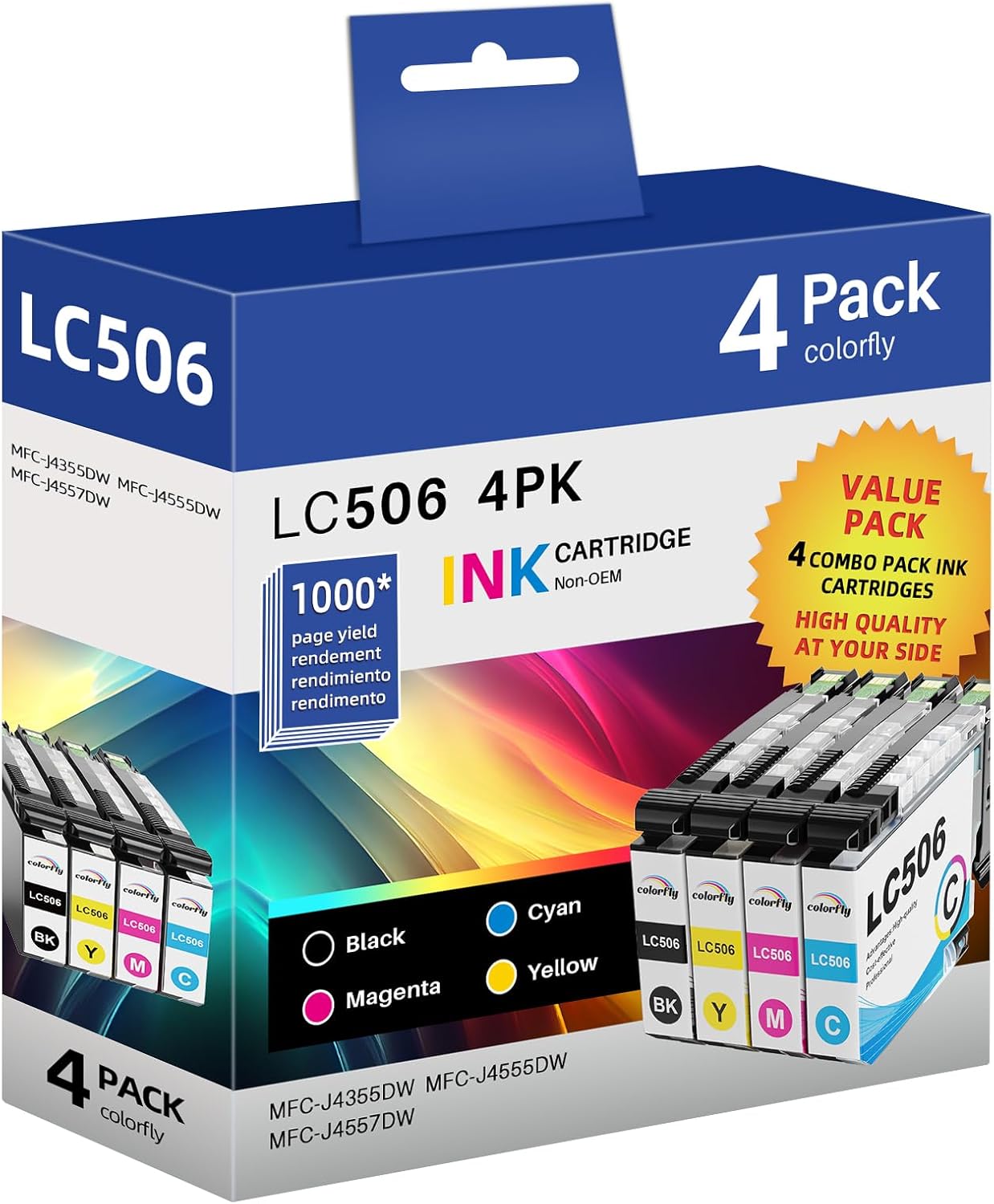 colorfly LC506 Ink Cartridges Multipack Replacement for Brother LC506 LC-506 Compatible with MFC-J4355DW MFC-J4555DW MFC-J4557DW(4 Pack)