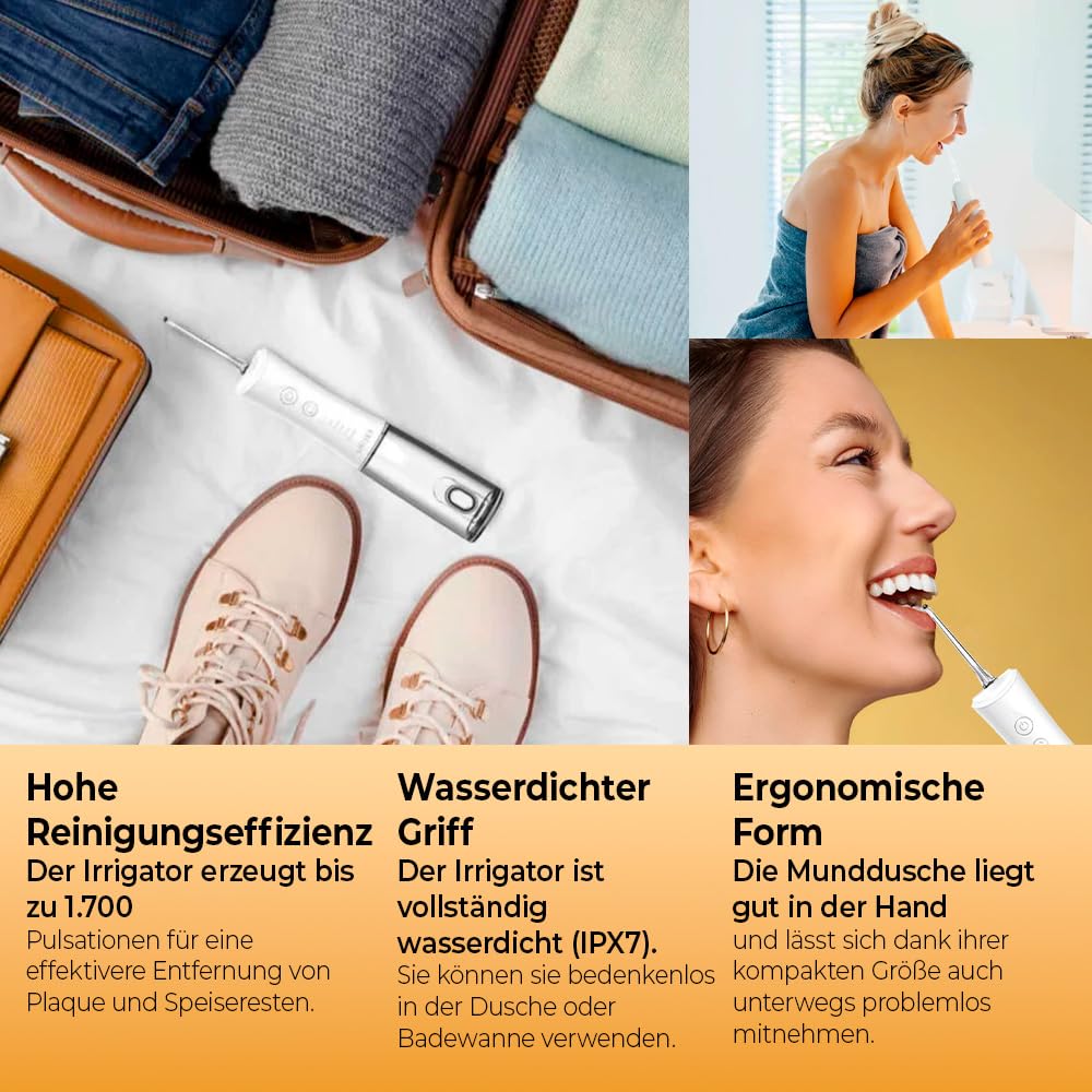 SMILEY Pro Aqua Munddusche Kabellos Zahndusche | Elektrisch Zahnreinigung Zahnzwischenraumreiniger Irrigator Zähne | Waterflosser Zahnreinigungsset Zwischenräume Zahnspülung Gerät mit 4 Tipps