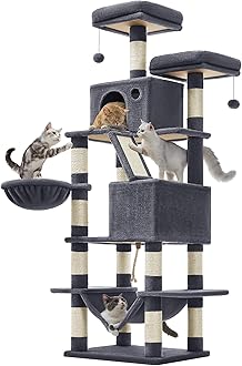 – Feandrea Cat Tree, 168 cm Large Cat Tower Condo with 13 Scratching Posts, 1 Scratching Ramp, 2 Perches, 2 Caves, Basket, Hammock, Pompoms, Smoky Grey PCT165G01V1