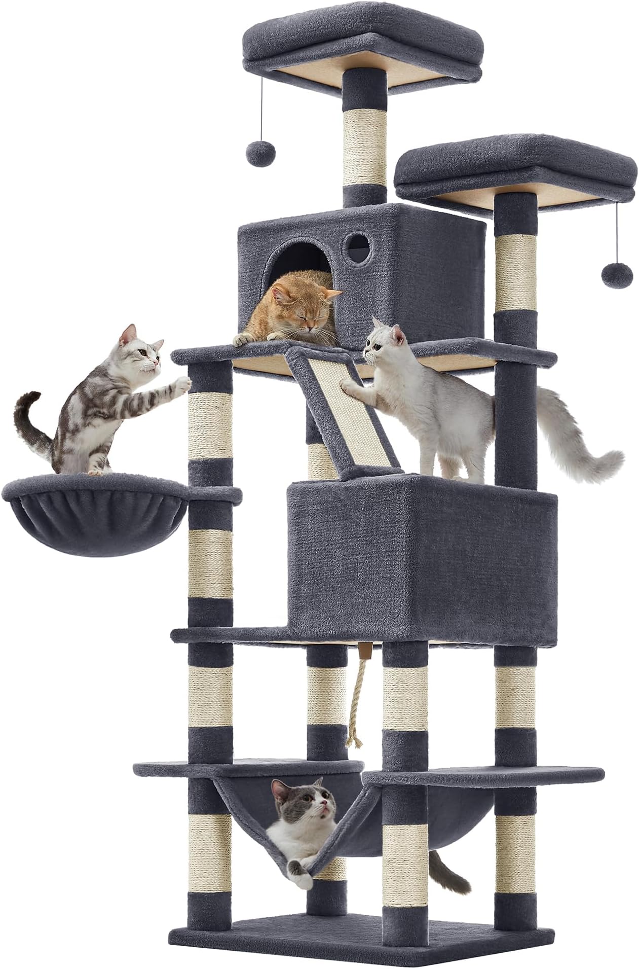 Feandrea Cat Tree, 168 cm Large Cat Tower Condo with 13 Scratching Posts, 1 Scratching Ramp, 2 Perches, 2 Caves, Basket, Hammock, Pompoms, Smoky Grey PCT165G01V1