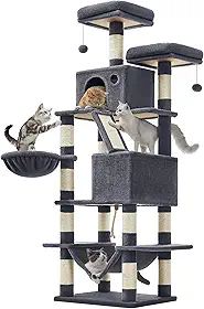 Feandrea Árvore para Gatos 168 cm, Torre Grande com 13 Postes Arranhadores, 1 Rampa, 2 Poleiros, 2 Tocas, Cesta, Rede, Pompom, Cinza Fumê BRPCT165G01V1