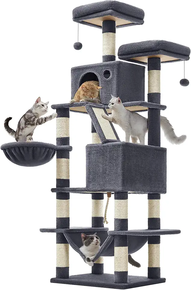 Feandrea Árvore para Gatos 168 cm, Torre Grande com 13 Postes Arranhadores, 1 Rampa, 2 Poleiros, 2 Tocas, Cesta, Rede, Pompom, Cinza Fumê BRPCT165G01V1
