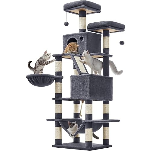 Feandrea Cat Tree, 66.1-Inch Large Cat Tower, Multi-Level Plush Condo with 13 Scratching Posts, 2 Perches, 2 Caves, Basket, Hammock, Pompoms, Smoky Gray UPCT165G01