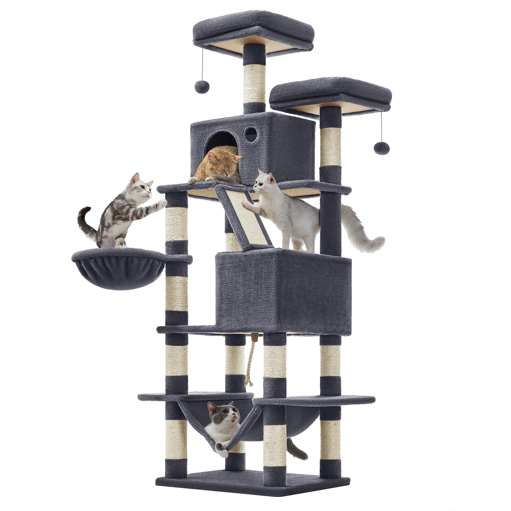 Feandrea Cat Tree, 66.1-Inch Large Cat Tower, Multi-Level Plush Condo with 13 Scratching Posts, 2 Perches, 2 Caves, Basket, Hammock, Pompoms, Smoky Gray UPCT165G01