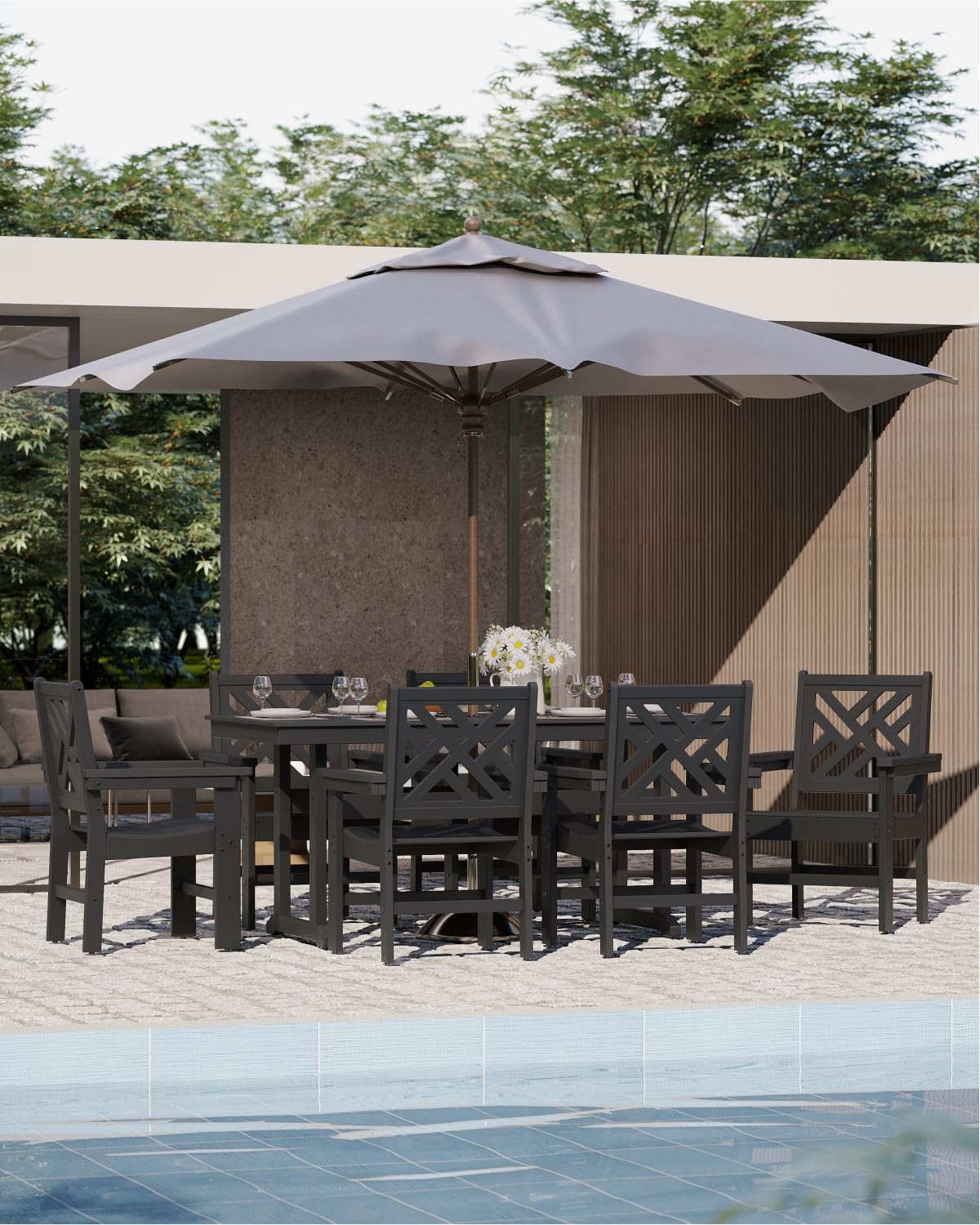 Juego de mesa y sillas de patio HDPE de 7 piezas, juego de comedor de plástico para todo tipo de clima para 6 personas (negro) 7