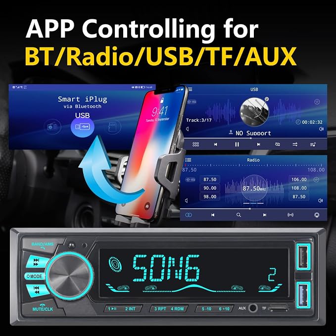 Radio auto Bluetooth Single Din con app y ecualizador miniatura 3