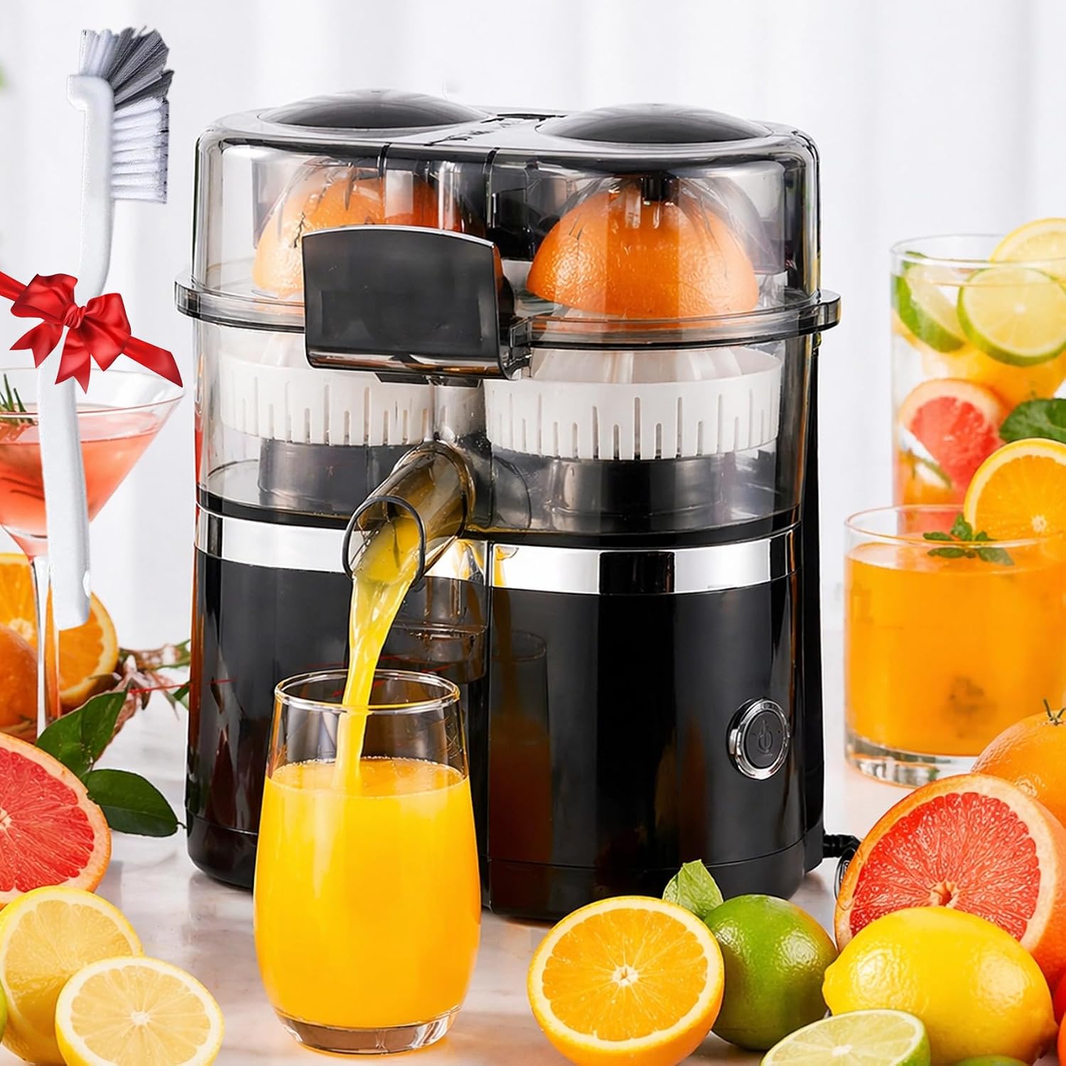 Dual-Head Automatic Citrus Juicer, Dual-Head Electric Citrus Juicer, Built-In Cutter & Cones, One Button & Easy Clean, Exprimidor De Naranjas Electrico For Oranges, Lemons, Grapefruits (White)