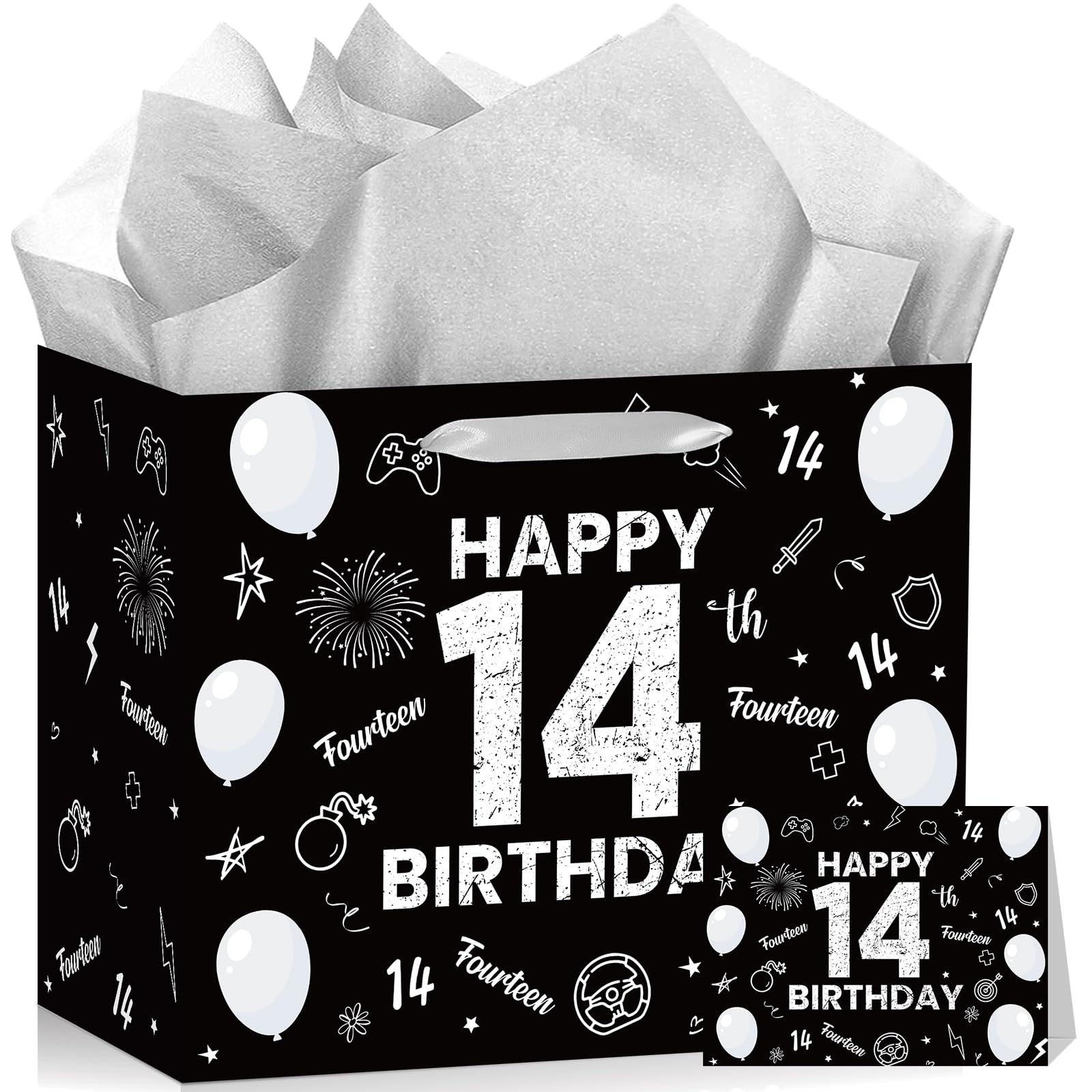 Happy 10th Birthday Gift Bag for Boys Girls Out Single Digits I'm 10 Gifts Bag with Wrapping Paper Greeting Card Black Silver 10 Year Old Bday Decorations Party Favors Supplies Decor (14th Birthday