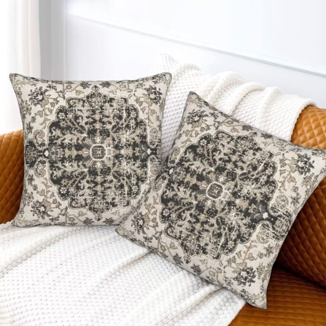 Boho Throw Pillow Covers 24x24 Set of 2, Black Brown Carpet Pattern Pillow Covers Ethnic Rustic Farmhouse Cushion Cases Linen Decorative Gifts for Couch Sofa Indoor Outdoor