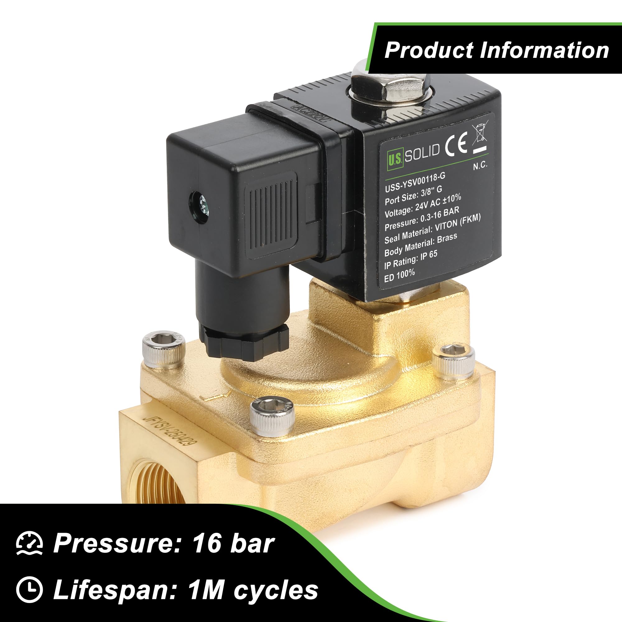U.S. Solid Elettrovalvola a solenoide in ottone 3/8" G – 24V AC, 0,3–16 bar, normalmente chiusa, guarnizione VITON, funzionamento pilotato