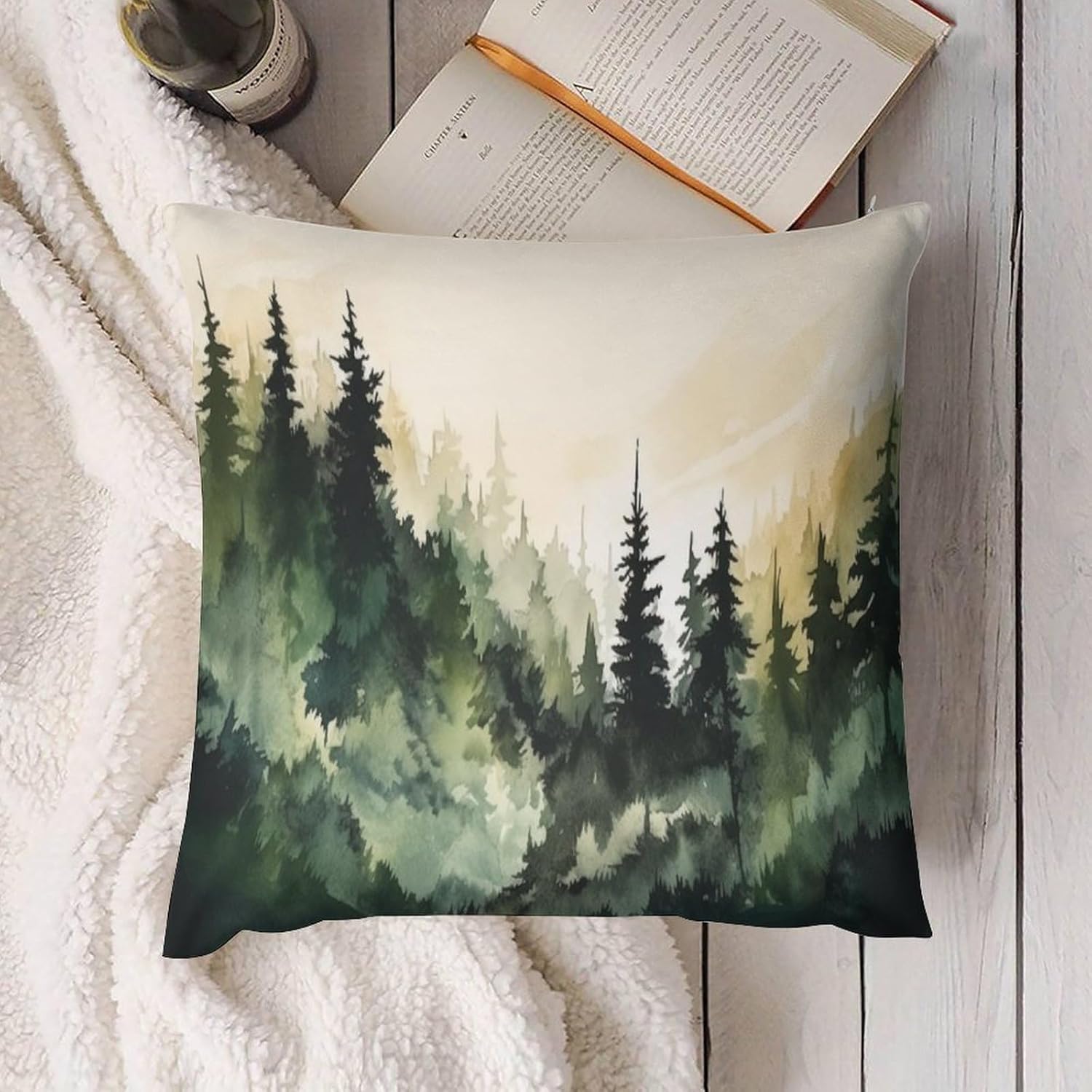 Misty Forest Pillow Covers Set of 2,Misty Forest Nature Woodland Scenery Throw Pillow Covers 20x20 Inches Cotton Square Pillow Cover Set for Couch Bed Living Room Outdoor Decor 20 "x20