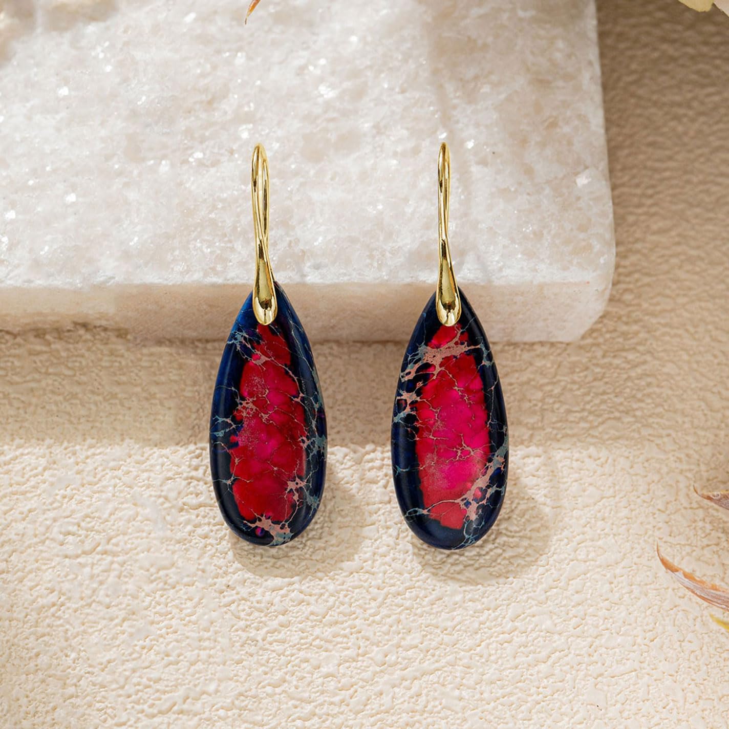 925 Sterling Silver Natural Imperial Jasper Dangle Drop Earrings, Waterdrop Shape, Boho Style