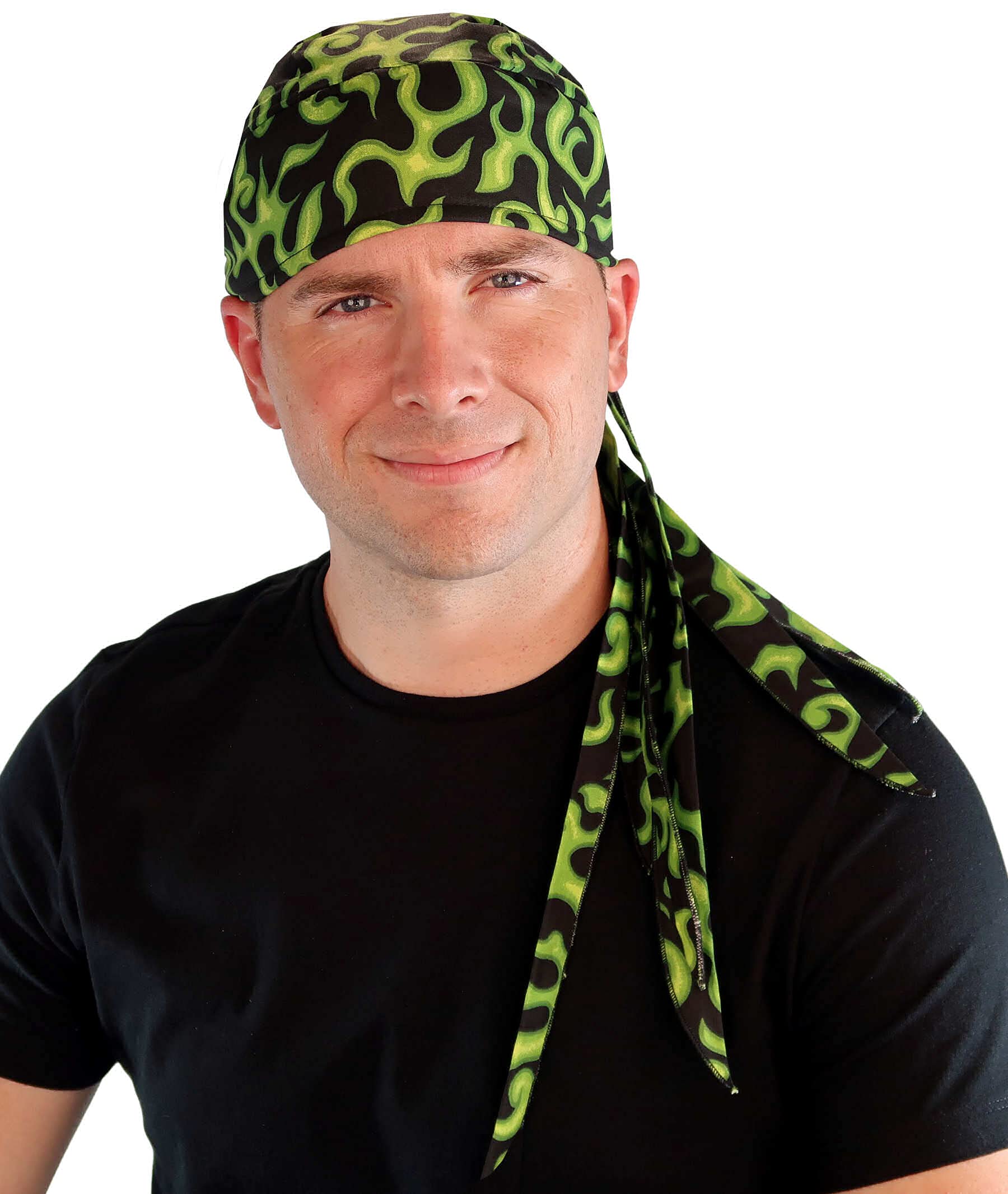 Sparkling EARTH Liquid Green Flames on Black Nomad 10 Tail Skull Caps - American Made Skull Caps Doo