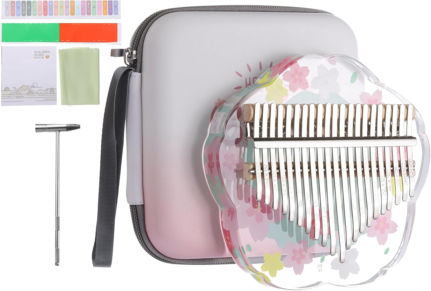 MECCANIXITY 21 Keys Thumb Piano,Transparent Green Flower Portable Finger Piano with Carry Box Musical Note Stickers Tuning Hammer Cleaning Cloth Gifts