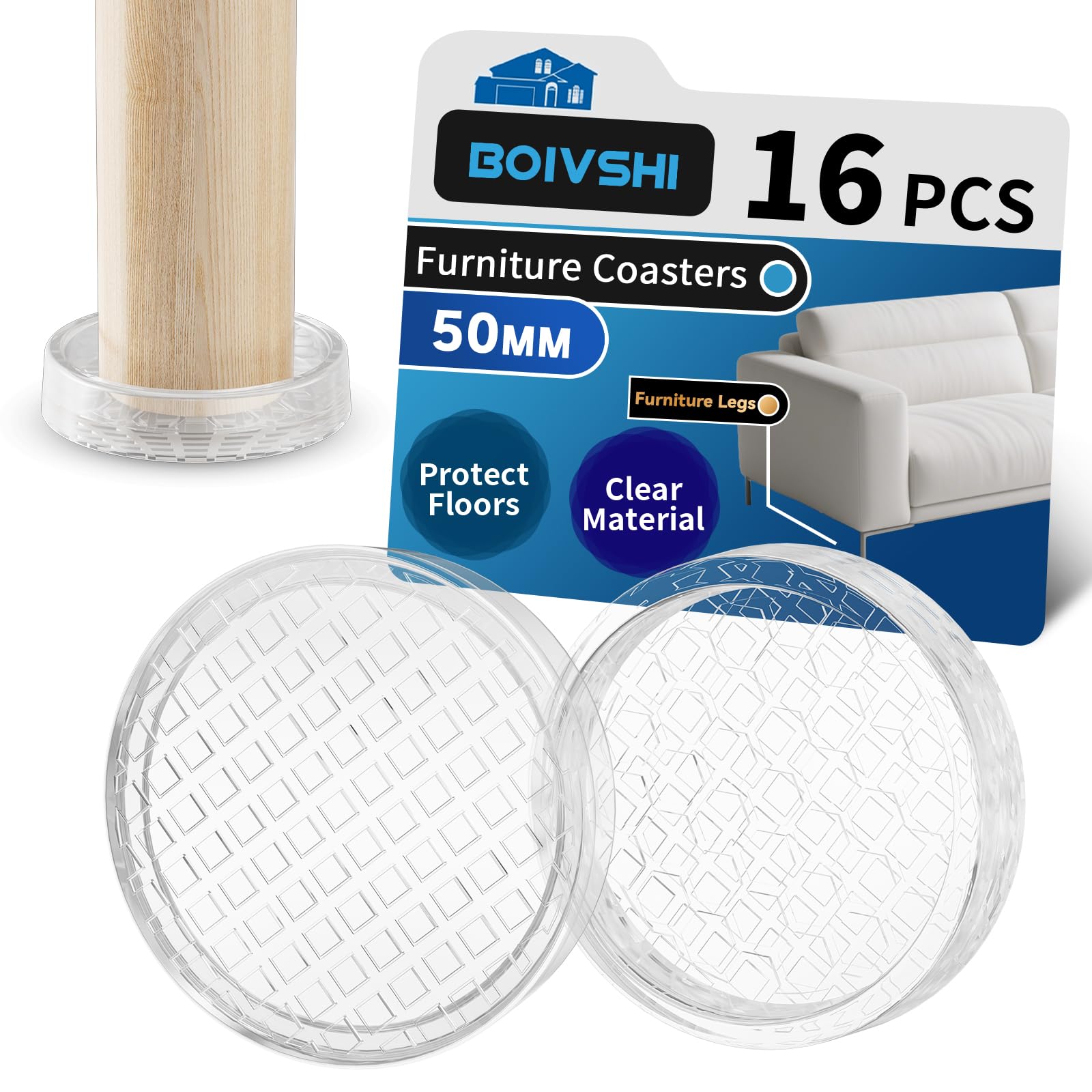 BOIVSHI Ø50mm Carpet Protector Cups, Clear Castor Cups, Trasnparent Furniture Coaster, Sofa Couch Leg Floor Protectors 16PCS