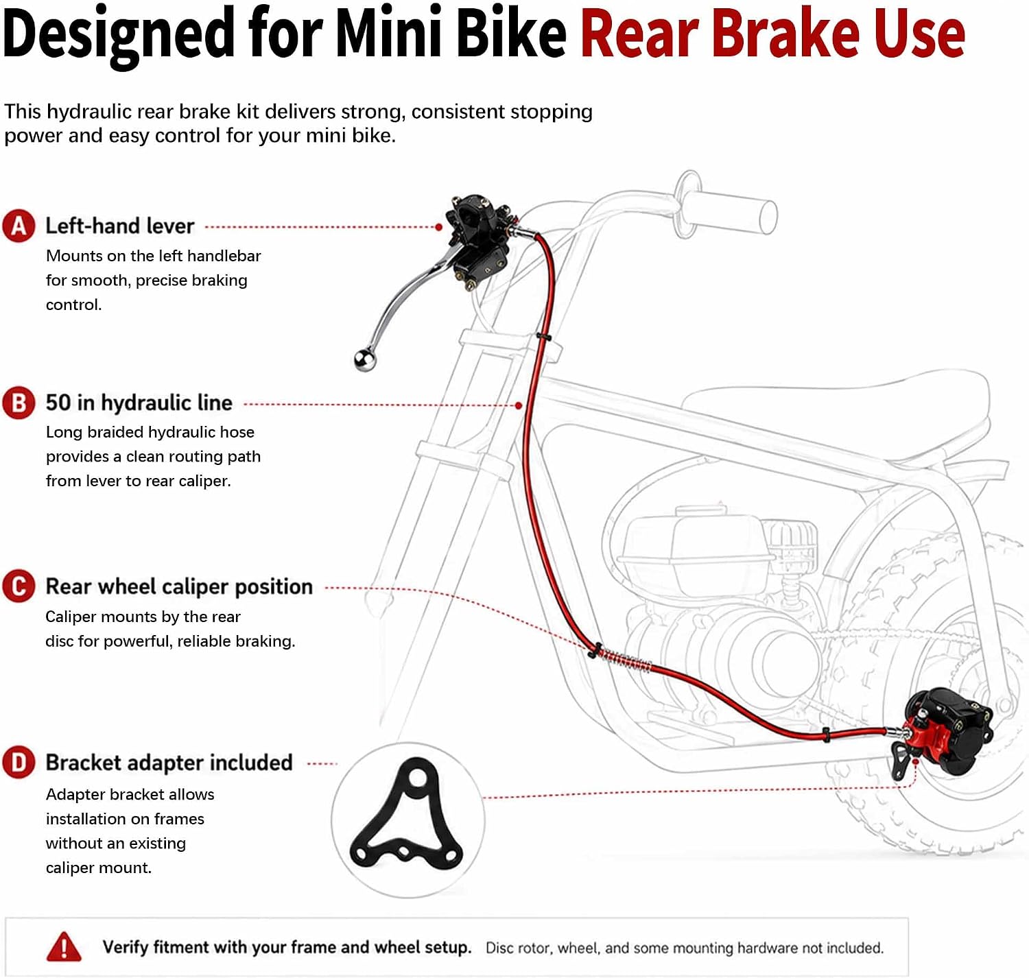 Mini Bike Hydraulic Brake Caliper Kit with Rear Brake Caliper Mounting Bracket Adapter for Monster Mega Moto 80cc 105cc MMB80 Minibike Coleman RB100 RT100 Powersports Parts