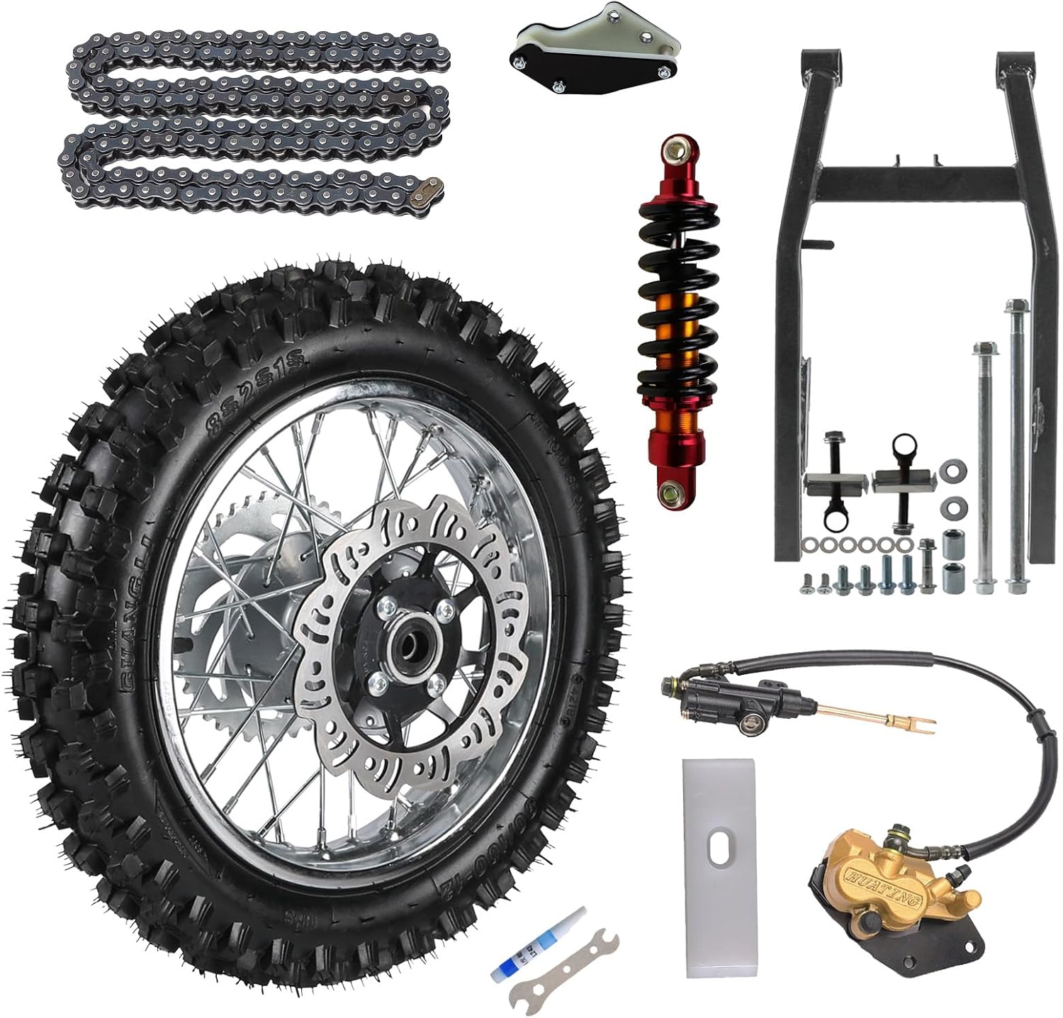 80/100-12 (3.0-12) Dirt Bike Tire and Wheel & 285mm Rear Shock & Hydraulic Disc Brake Caliper & 420 140 Links Chain & Rear Wheel Swing Arm for Pro Pit Monkey Trail Bike Off-Road Motorcycle Motocross