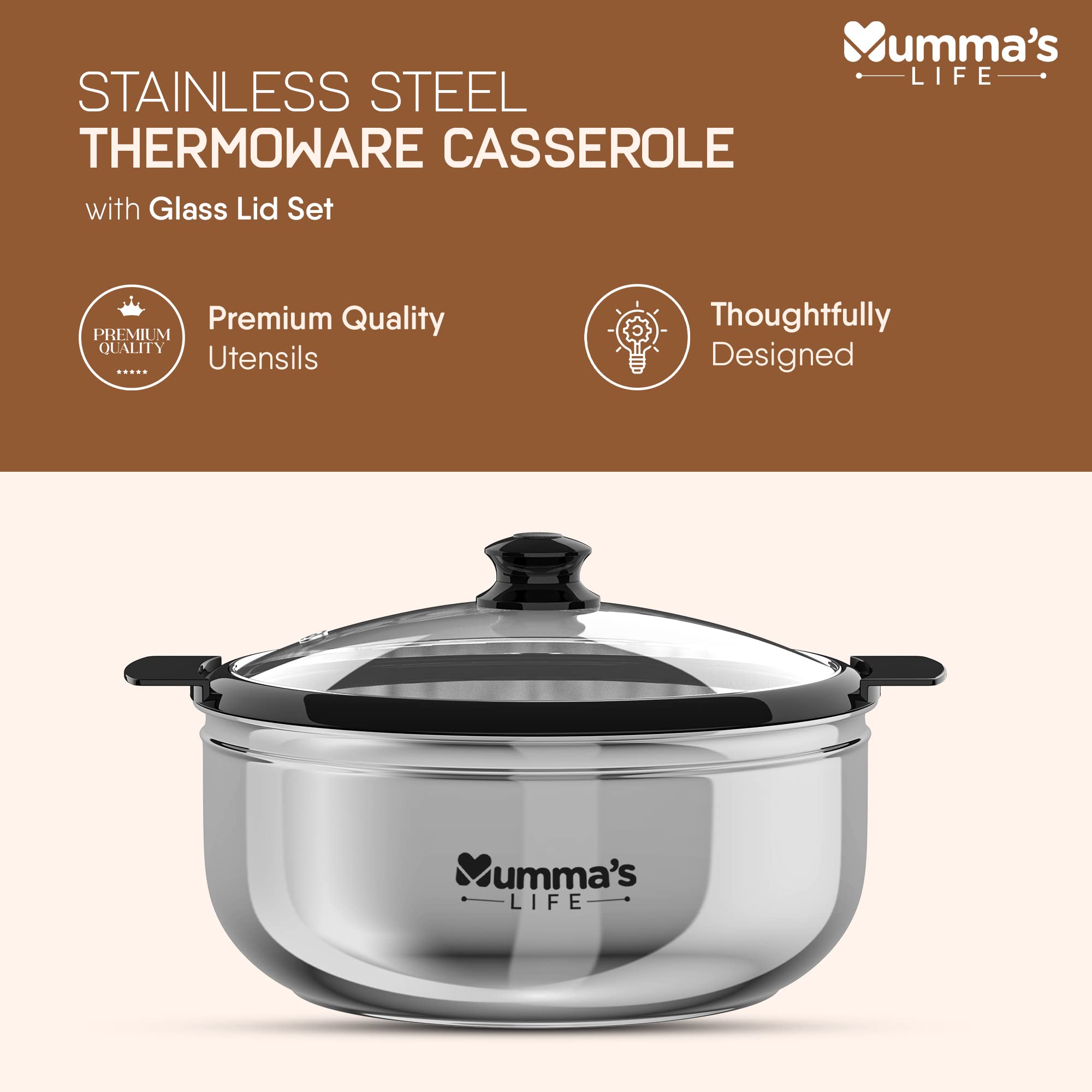 Stainless Steel Thermoware Casserole with Glass Lid| Hot Pot Roti Box with Lid Set of 3 (4500 X 3Pcs) 3