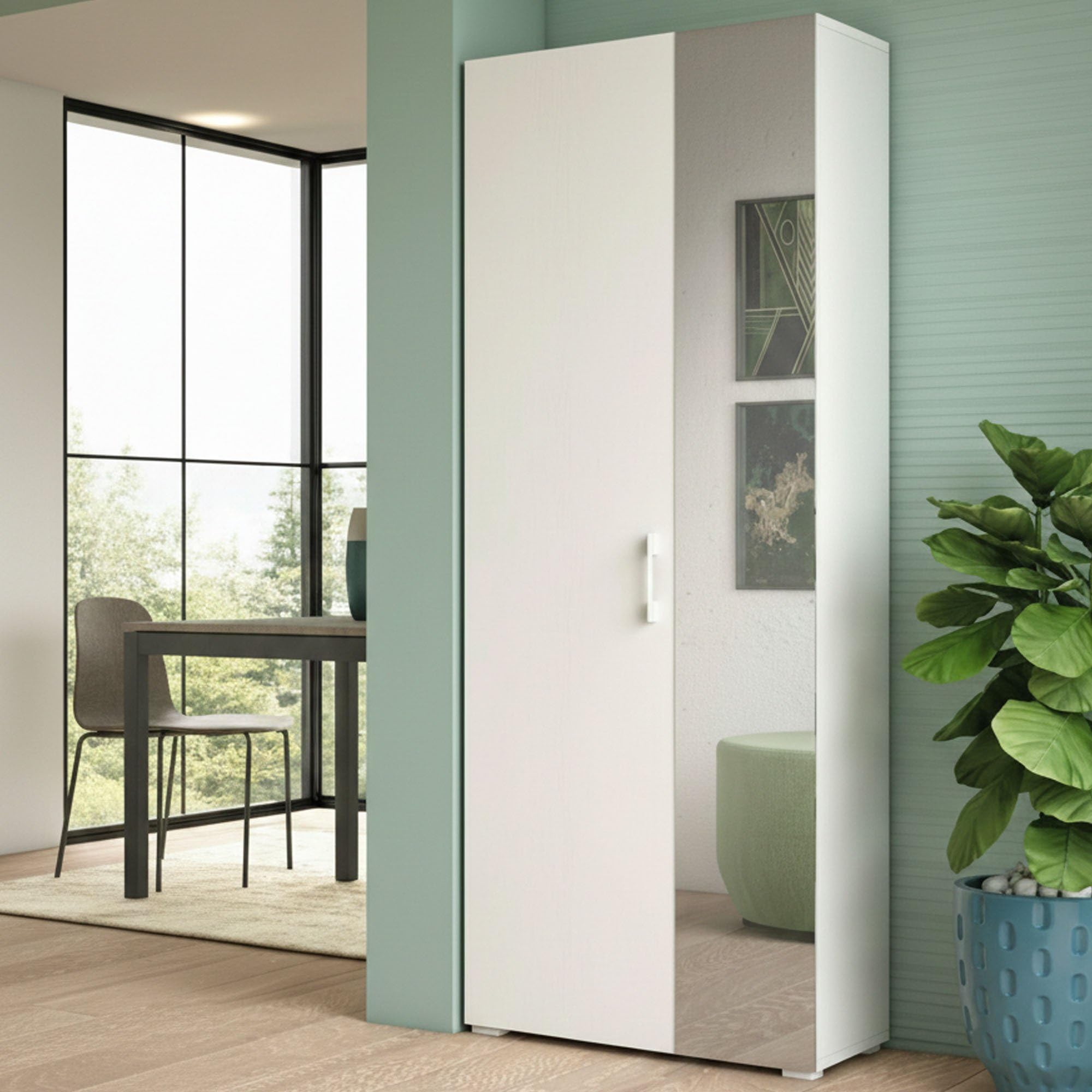 Dmora - Étagère à chaussures Tarassaco, Meuble d'entrée polyvalent avec porte miroir, Meuble à chaussures moderne avec 6 étagères, 100% Made in Italy, 72x37h195 cm, Blanc