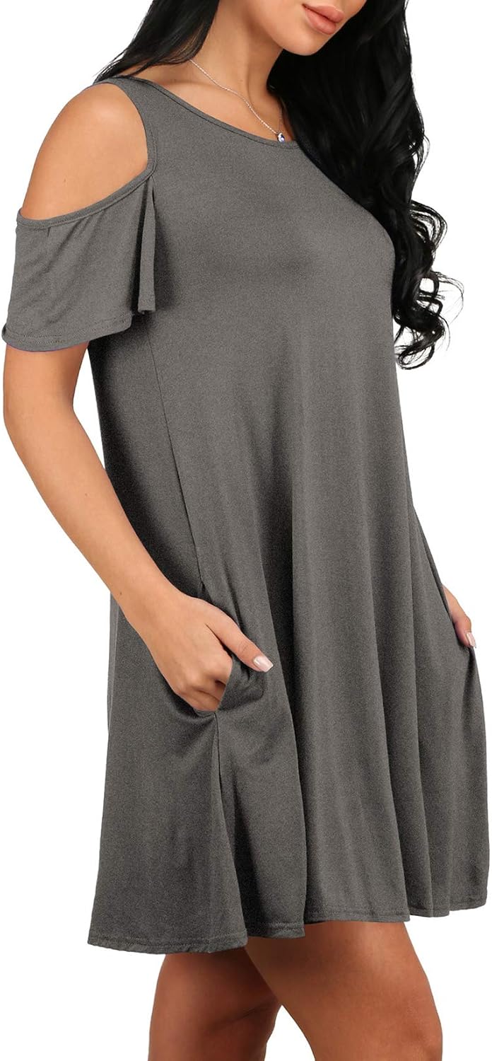 Lu's Chic Women's Summer Dress Mini Cold Shoulder Short Sleeve Casual Swing Scoop Neck Pockets