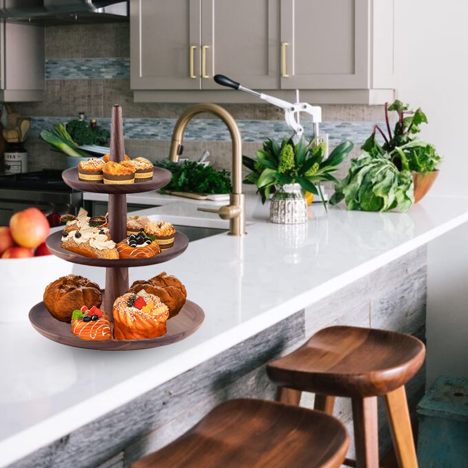 Plateau De Service Rond à 2 Niveaux En Bois - 33 Cm - Style Rustique - Pour Présenter Fruits, Cupcakes, Décoration