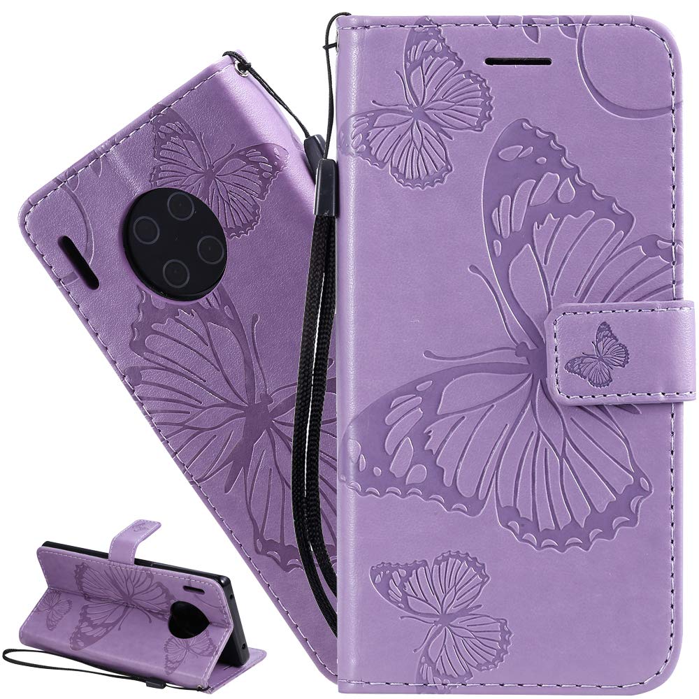 ISADENSER Mate 30 Pro Wallet Case Mate 30 Pro Butterfly Case [Business Embossing] [Kickstand Flip] [Card Slot] [Magnetic Clasp] Flip Phone Case for Huawei Mate 30 Pro Purple Butterfly KT