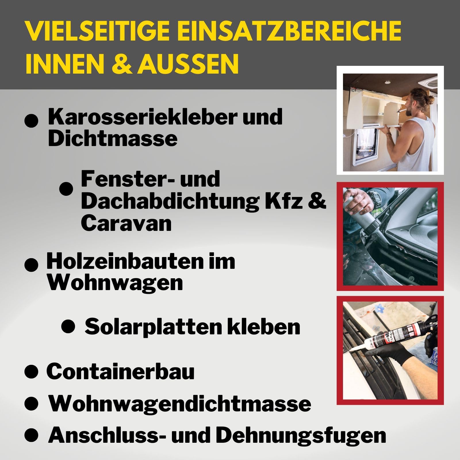 Adhesivo para carrocería, adhesivo de montaje, sellador para auto, autocaravana, interior + exterior, resistente a los rayos UV, adherencia en todas las superficies, adhesivo para caravana
