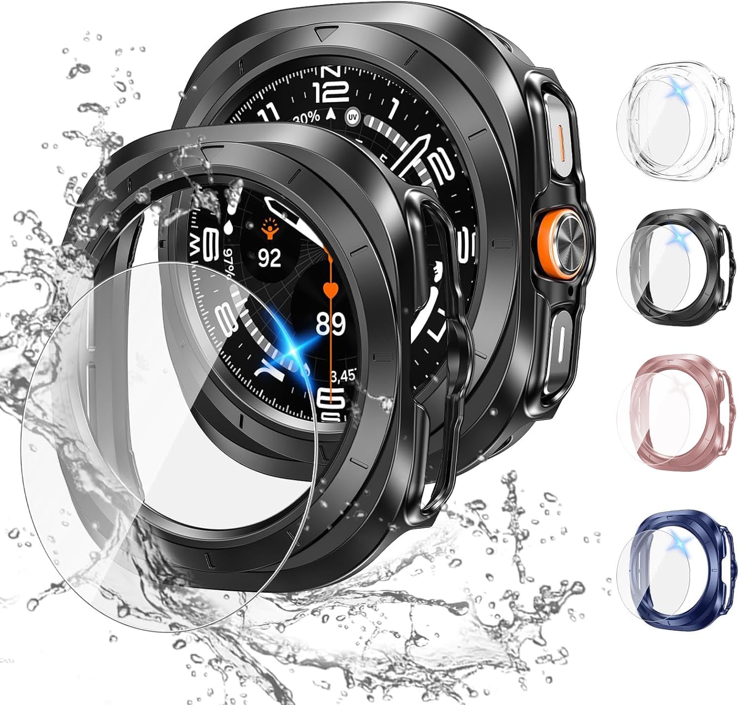 Mizi [4+4Pack] Galaxy Watch 7 Ultra Screen Protector Case 47mm, Anti-Fog Tempered Glass Protective Film/Hard PC Protective Bumper Cover - Black/Blue/Pink/Clear