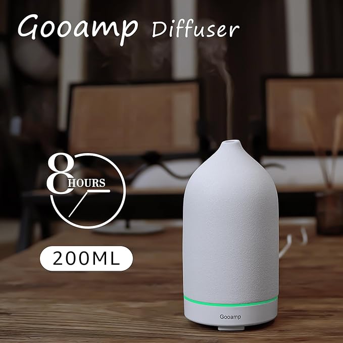Gooamp 200ML Ceramic Diffuser,Aromatherapy Diffuser,Essential Oil Diffuser with 7 Color Lights Auto Shut Off