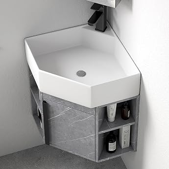 Bathroom Corner Sink Bathroom Cabinet with Tap and Drain Wall-Mounted Ship Wash Basin Corner Sink with Base Cabinet for Small Spaces Guests Toilet Grey