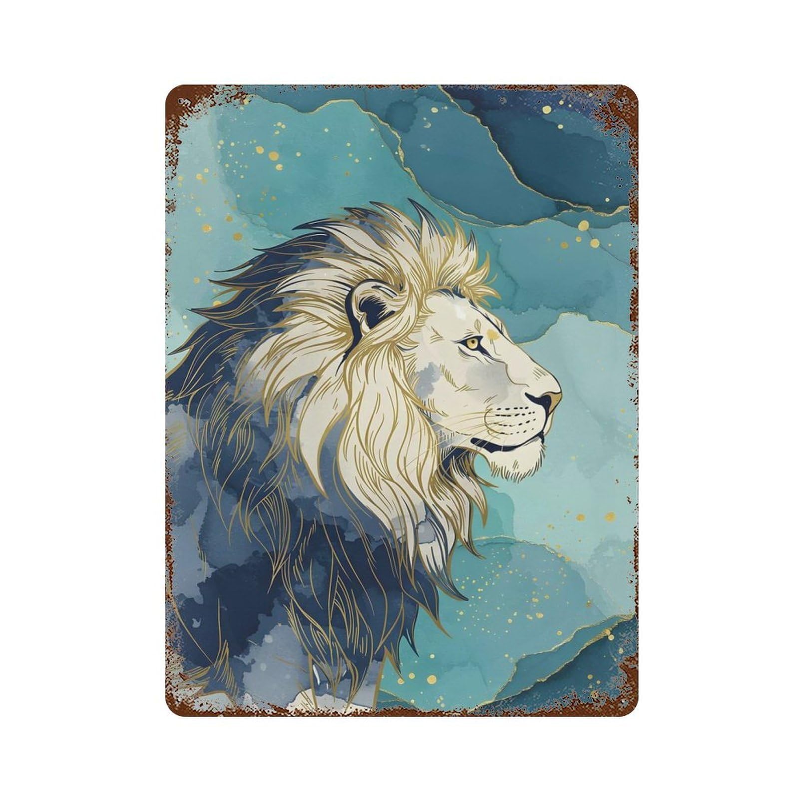Lion Portrait with Abstract Watercolor Background Rusty Metal Tin Sign 15.7"x11.8", Ideal for Farmhouse, Kitchen And Entryway Decor