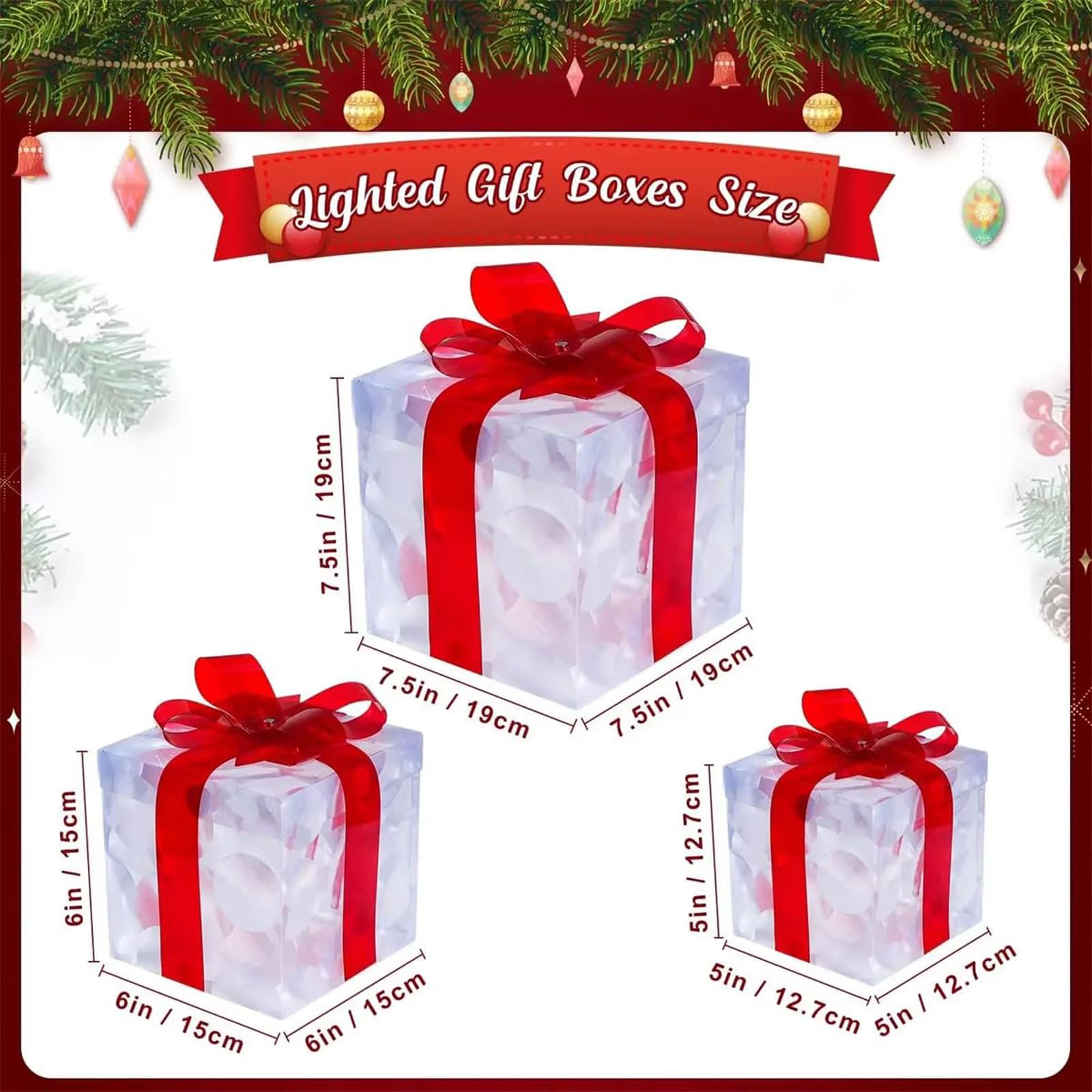 Weihnachtsdekoration, 3er-Pack LED-beleuchtete Geschenkboxen mit Schleife, mehrfarbig, verschiedene Größen(Green)