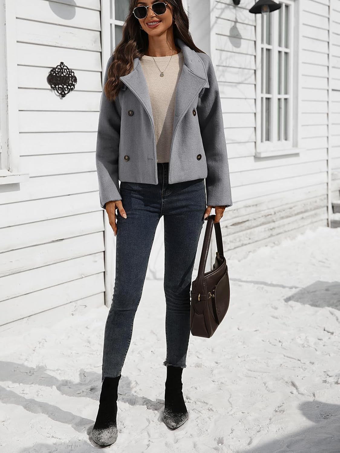Women's Cropped Wool Blend Pea Coat Double Breasted Short Jacket Modern Fall Winter Dressy Oversized Outerwear