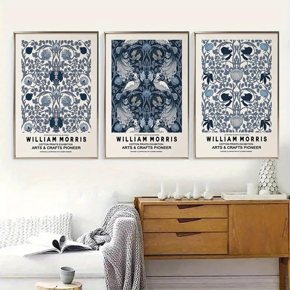LMYSXAOZ Blue Botanical Wall Art William Morris Poster Retro Canvas Prints Painting Vintage Posters For Living Room Home Decorations(30x50cm-3Pcs)