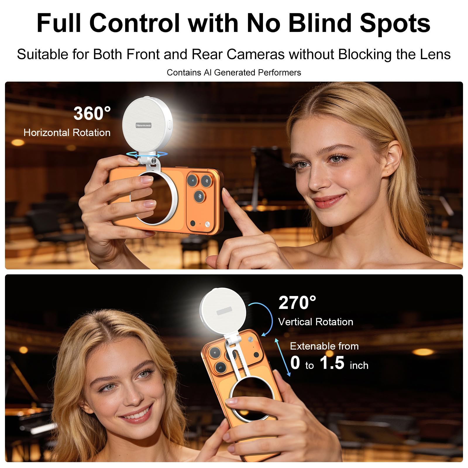 Newmowa Lampe magnétique pour selfie, anneau lumineux extensible avec miroir, lumière LED rechargeable portable pour selfie//maquillage/vidéoconférence/appel zoom/TikTok, compatible avec tous les