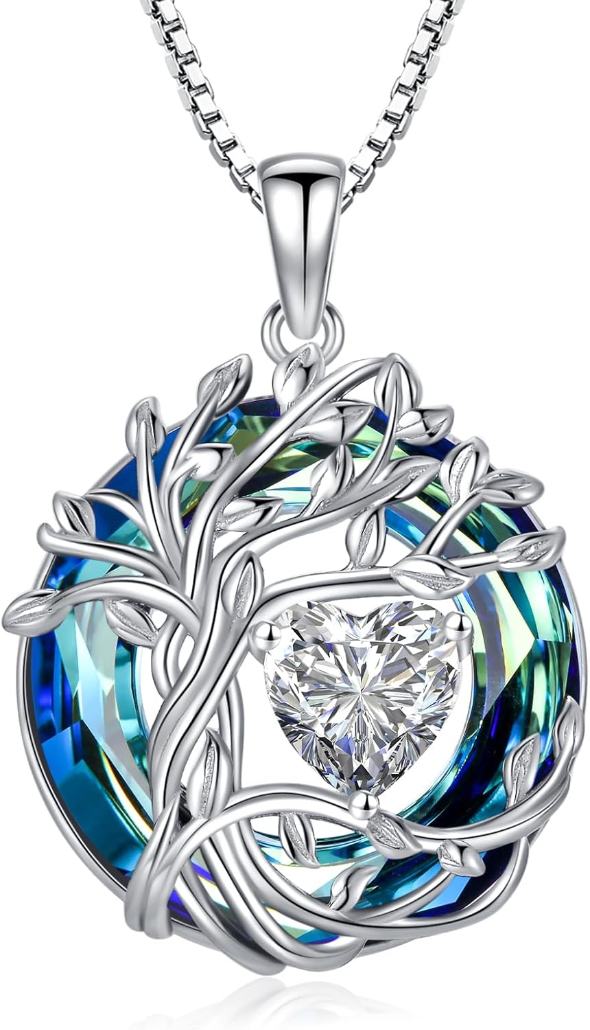 TOUPOP Tree of Life Birthstone Necklace 925 Sterling Silver Pendant Austrian Crystal Jewelry Anniversary Valentine's Day Birthday Gifts for Women Mom Her Wife