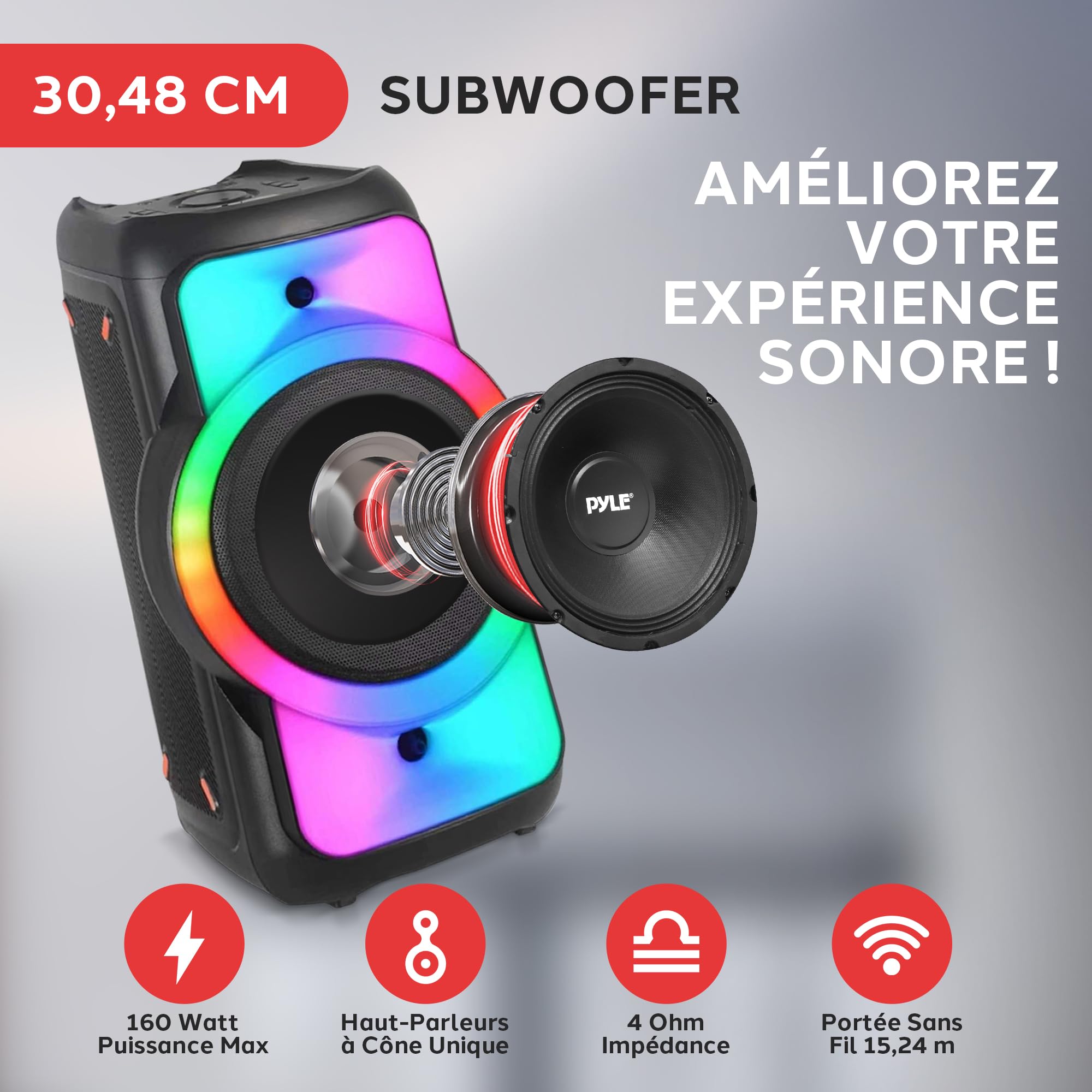 Pyle Enceinte Bluetooth de Fête Grande Taille – Gros Haut-Parleur Bluetooth avec Système Stéréo sans Fil Véritable (TWS) – Basses Puissantes et Aigus Clairs – Grand Haut-Parleur avec Sac de Transport