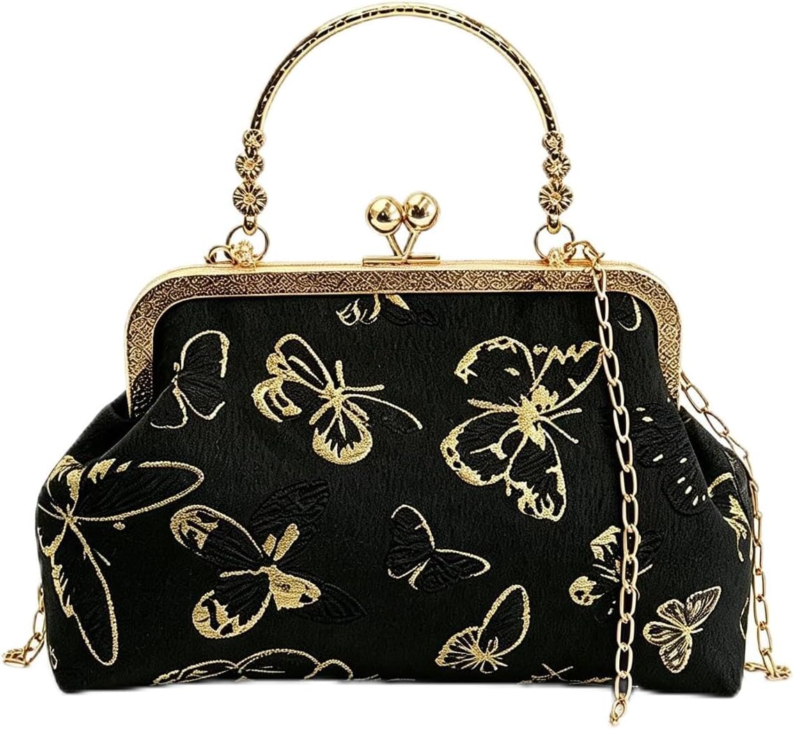 Women’s Butterfly Embroidery Clutch Purse, Vintage Kiss-Lock Frame Crossbody Shoulder Bag, Elegant Bridal Wedding Handbag