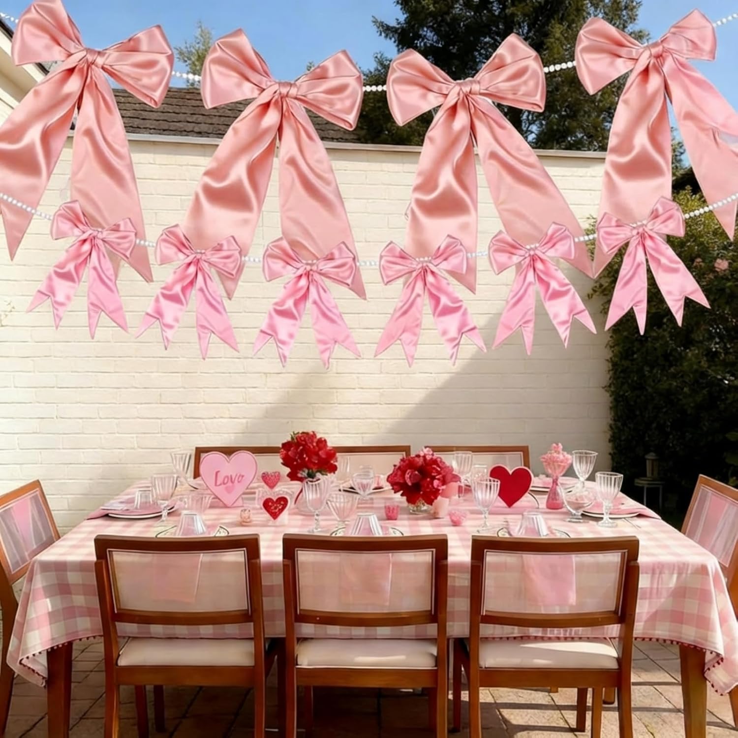 2 Pcs 8.5 ft Pink Bow Garland Banner with Pearl Chain Large Satin Ribbon Pink Bow Hanging Wall Decor for Wedding Coquette Birthday Bachelorette Bridal Baby Shower Engagement Decoration
