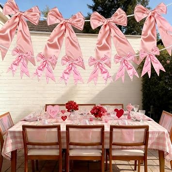 2 Pcs 8.5 ft Pink Bow Garland Banner with Pearl Chain Large Satin Ribbon Pink Bow Hanging Wall Decor for Wedding Coquette Birthday Bachelorette Bridal Baby Shower Engagement Decoration