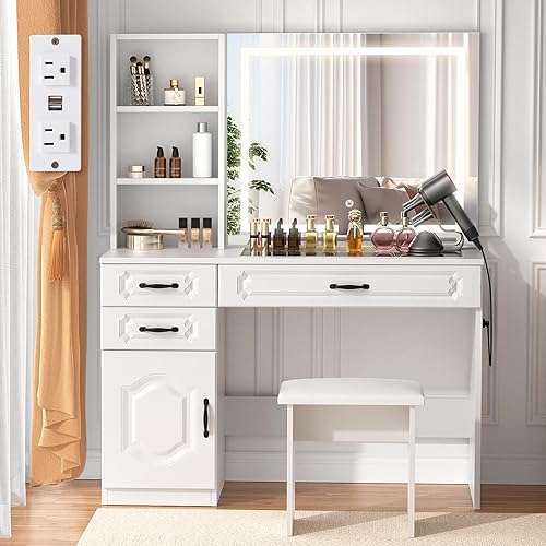 VOWNER Tocador con espejo iluminado escritorio de maquillaje con parte superior de vidrio, tira de corriente, cajones y estantes, 3 modos de