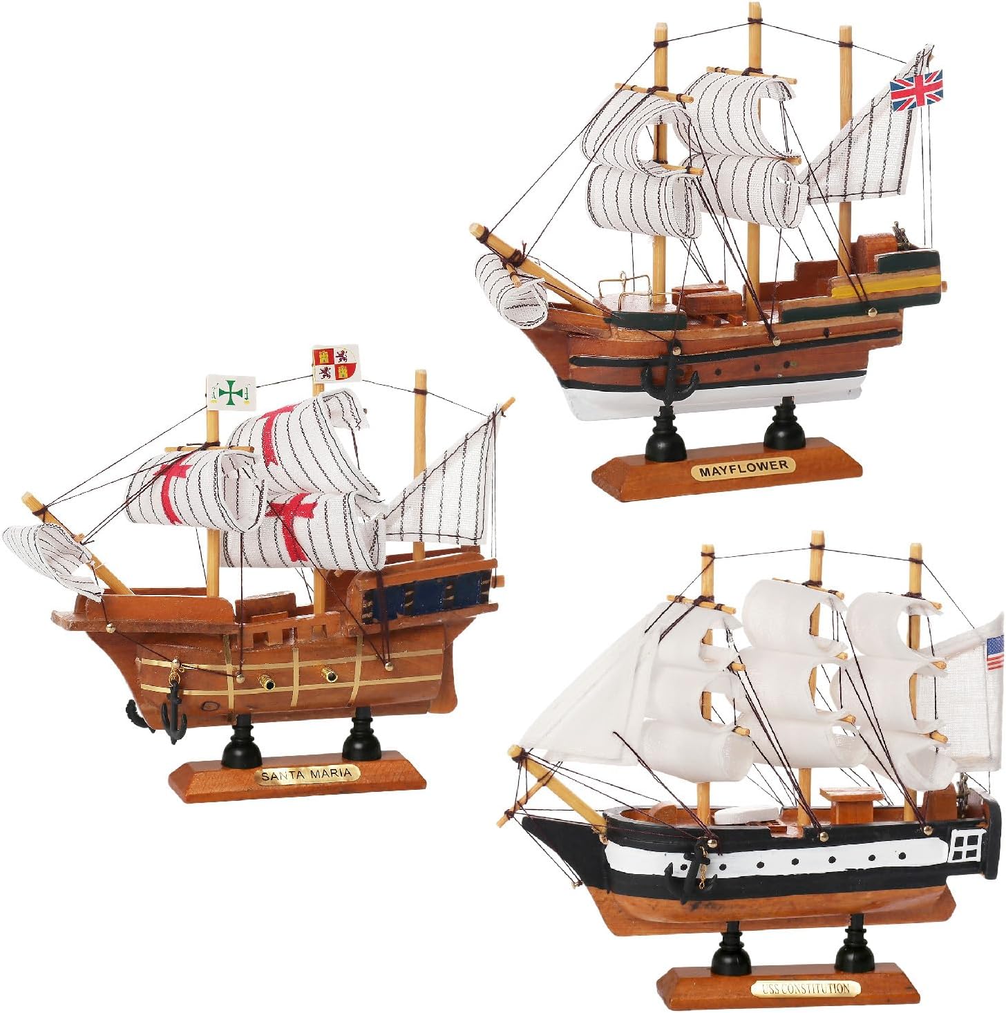 Historic Wooden Ship Models 6inch Set 3 Pack, Mayflower, Santa Maria, USS Constitution, Nautical Home Sailboat Decor Gift for Son