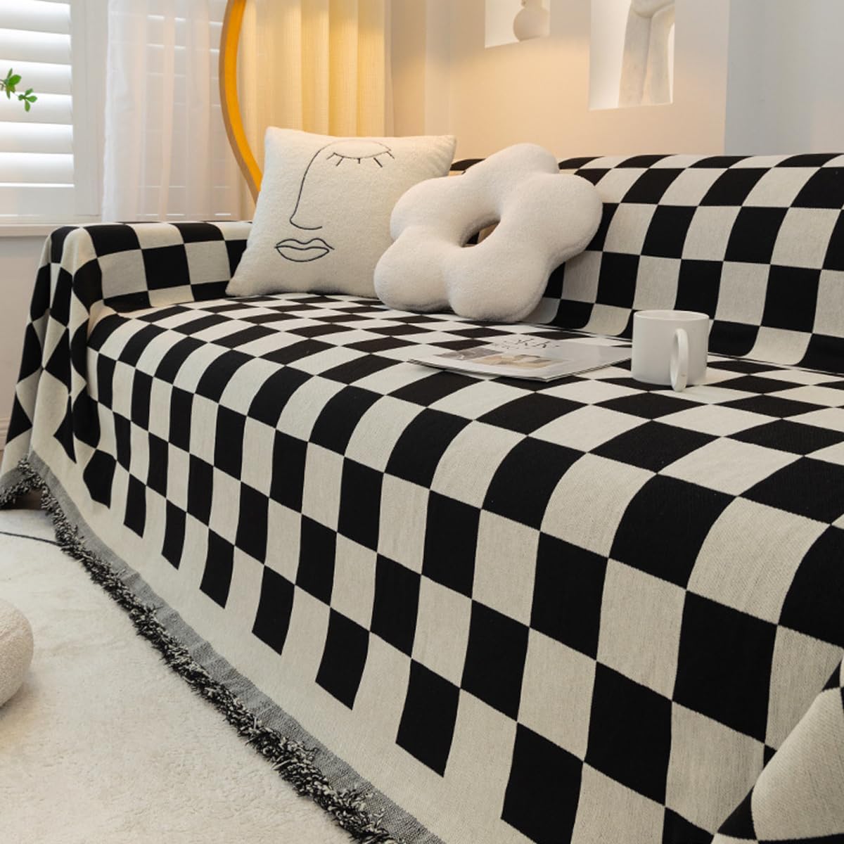 Chenille Black and White Checkerboard Checkerboard Sofa Cushion Sofa Cover Four Seasons Universal Simple Black Cushion backrest Towel Cover Cloth (71 * 51 inch)